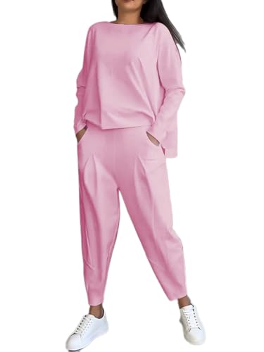 shownicer Hosenanzug Damen 2-Teiliges Set Casual Langarm Sweatshirt und Hose Set Einfarbig Zweiteiler Outfit Herbst Winter Sportanzug Freizeitanzug A Rosa M von shownicer