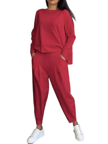 shownicer Hosenanzug Damen 2-Teiliges Set Casual Langarm Sweatshirt und Hose Set Einfarbig Zweiteiler Outfit Herbst Winter Sportanzug Freizeitanzug A Rot XL von shownicer