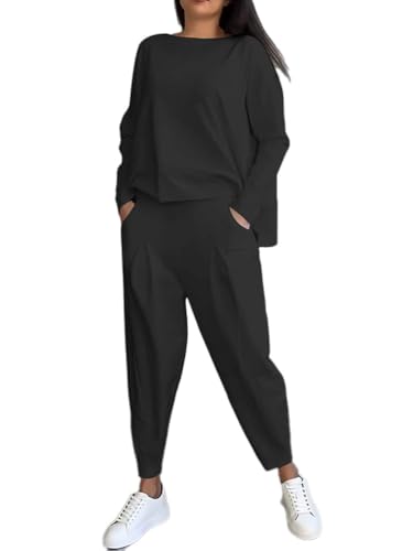 shownicer Hosenanzug Damen 2-Teiliges Set Casual Langarm Sweatshirt und Hose Set Einfarbig Zweiteiler Outfit Herbst Winter Sportanzug Freizeitanzug A Schwarz 3XL von shownicer