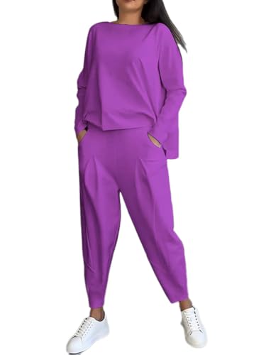 shownicer Hosenanzug Damen 2-Teiliges Set Casual Langarm Sweatshirt und Hose Set Einfarbig Zweiteiler Outfit Herbst Winter Sportanzug Freizeitanzug A Violett XS von shownicer