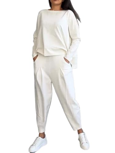 shownicer Hosenanzug Damen 2-Teiliges Set Casual Langarm Sweatshirt und Hose Set Einfarbig Zweiteiler Outfit Herbst Winter Sportanzug Freizeitanzug A Weiß XXL von shownicer