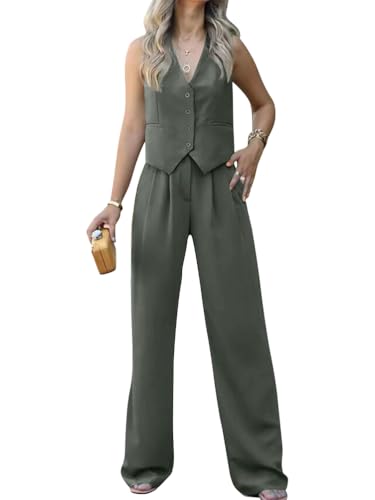 shownicer Hosenanzug Damen Elegant 2 Teiler Ärmellos Blazer Weste und Hose Zweiteiliger Business Anzug Set Sommer Mode Outfit Sets Streetwear A Armeegrün M von shownicer