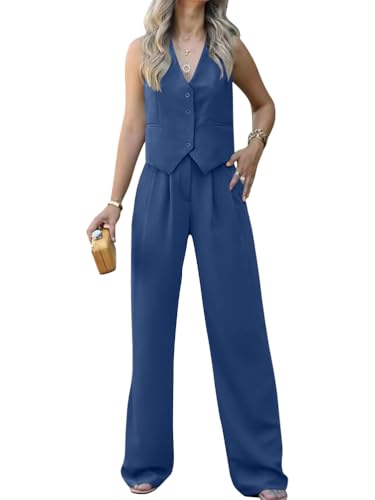 shownicer Hosenanzug Damen Elegant 2 Teiler Ärmellos Blazer Weste und Hose Zweiteiliger Business Anzug Set Sommer Mode Outfit Sets Streetwear A Blau XL von shownicer