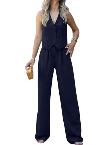 shownicer Hosenanzug Damen Elegant 2 Teiler Ärmellos Blazer Weste und Hose Zweiteiliger Business Anzug Set Sommer Mode Outfit Sets Streetwear A Marine L von shownicer