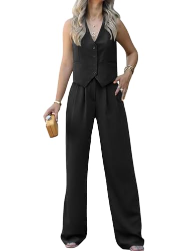shownicer Hosenanzug Damen Elegant 2 Teiler Ärmellos Blazer Weste und Hose Zweiteiliger Business Anzug Set Sommer Mode Outfit Sets Streetwear A Schwarz XXL von shownicer