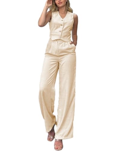 shownicer Hosenanzug Damen Elegant 2 Teiler Ärmellos Blazer Weste und Hose Zweiteiliger Business Anzug Set Sommer Mode Outfit Sets Streetwear D Aprikose M von shownicer