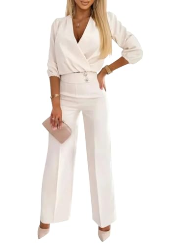 shownicer Hosenanzug Damen Elegant Business 2 Teiler Outfits Set Langarm Oberteile und Anzughosen Zweiteilig Büro Suit A Aprikose L von shownicer
