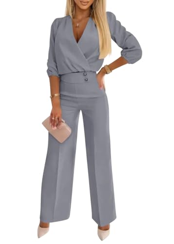 shownicer Hosenanzug Damen Elegant Business 2 Teiler Outfits Set Langarm Oberteile und Anzughosen Zweiteilig Büro Suit A Grau XXL von shownicer