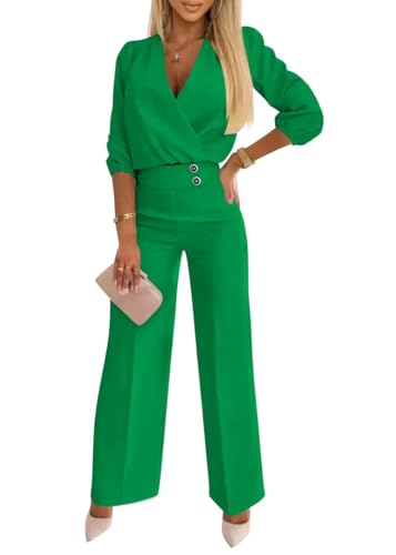 shownicer Hosenanzug Damen Elegant Business 2 Teiler Outfits Set Langarm Oberteile und Anzughosen Zweiteilig Büro Suit A Grün XL von shownicer