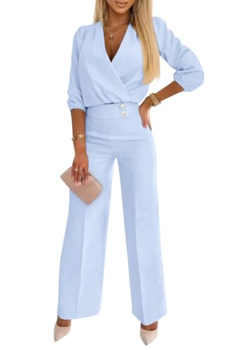 shownicer Hosenanzug Damen Elegant Business 2 Teiler Outfits Set Langarm Oberteile und Anzughosen Zweiteilig Büro Suit A Hellblau L von shownicer
