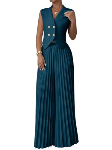 shownicer Hosenanzug Damen Elegant Business 2 Teilig Set V-Ausschnitt Westen Button Down und Hosen Hohe Taille Zweiteiliger Casual Chic Anzug Outfit Sets Streetwear A Blau L von shownicer