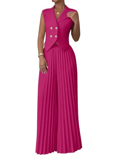 shownicer Hosenanzug Damen Elegant Business 2 Teilig Set V-Ausschnitt Westen Button Down und Hosen Hohe Taille Zweiteiliger Casual Chic Anzug Outfit Sets Streetwear A Dunkelrosa M von shownicer