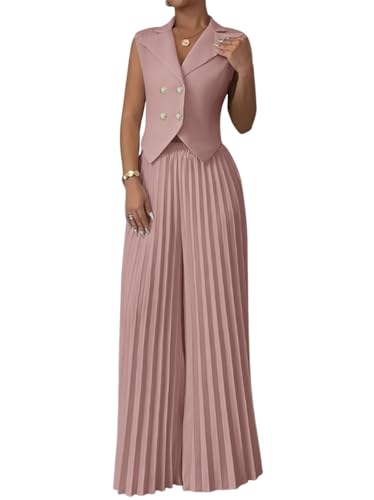 shownicer Hosenanzug Damen Elegant Business 2 Teilig Set V-Ausschnitt Westen Button Down und Hosen Hohe Taille Zweiteiliger Casual Chic Anzug Outfit Sets Streetwear A Rosa XXL von shownicer