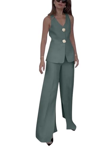 shownicer Hosenanzug Damen Elegant Business 2 Teilig Set Westen Button Down und Hosen Hohe Taille Zweiteiliger Casual Chic Anzug Outfit Sets Streetwear A Grün XL von shownicer