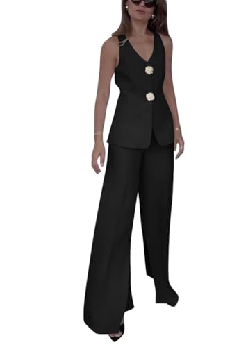 shownicer Hosenanzug Damen Elegant Business 2 Teilig Set Westen Button Down und Hosen Hohe Taille Zweiteiliger Casual Chic Anzug Outfit Sets Streetwear A Schwarz 3XL von shownicer