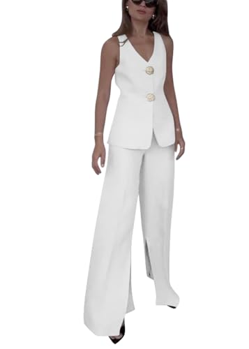 shownicer Hosenanzug Damen Elegant Business 2 Teilig Set Westen Button Down und Hosen Hohe Taille Zweiteiliger Casual Chic Anzug Outfit Sets Streetwear A Weiß 3XL von shownicer