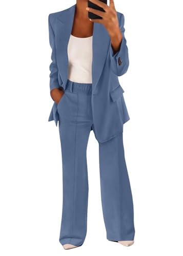 shownicer Hosenanzug Damen Elegant Business Anzug Set 2-teilig Slim Fit Blazer + Elastisch Hohe Taille Hose Outfit Casual Sportlich Freizeitanzug Zweiteiler Einfarbig Streetwear A Blau XS von shownicer