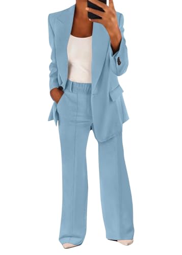 shownicer Hosenanzug Damen Elegant Business Anzug Set 2-teilig Slim Fit Blazer + Elastisch Hohe Taille Hose Outfit Casual Sportlich Freizeitanzug Zweiteiler Einfarbig Streetwear A Hellblau XL von shownicer