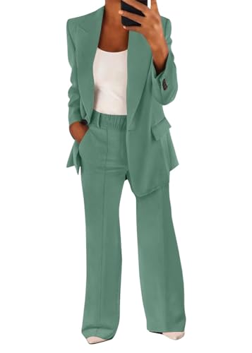 shownicer Hosenanzug Damen Elegant Business Anzug Set 2-teilig Slim Fit Blazer + Elastisch Hohe Taille Hose Outfit Casual Sportlich Freizeitanzug Zweiteiler Einfarbig Streetwear A Hellgrün M von shownicer