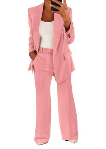 shownicer Hosenanzug Damen Elegant Business Anzug Set 2-teilig Slim Fit Blazer + Elastisch Hohe Taille Hose Outfit Casual Sportlich Freizeitanzug Zweiteiler Einfarbig Streetwear A Hellrosa 3XL von shownicer