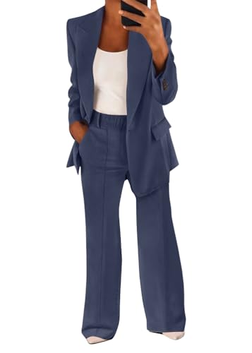 shownicer Hosenanzug Damen Elegant Business Anzug Set 2-teilig Slim Fit Blazer + Elastisch Hohe Taille Hose Outfit Casual Sportlich Freizeitanzug Zweiteiler Einfarbig Streetwear A Marine M von shownicer