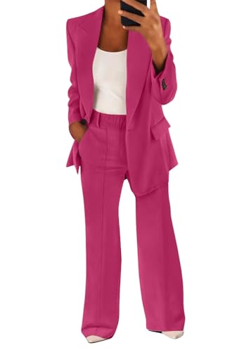 shownicer Hosenanzug Damen Elegant Business Anzug Set 2-teilig Slim Fit Blazer + Elastisch Hohe Taille Hose Outfit Casual Sportlich Freizeitanzug Zweiteiler Einfarbig Streetwear A Rosa XL von shownicer