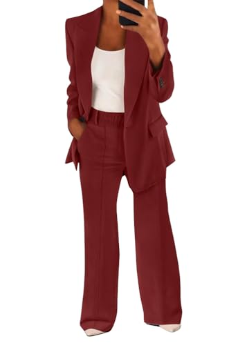 shownicer Hosenanzug Damen Elegant Business Anzug Set 2-teilig Slim Fit Blazer + Elastisch Hohe Taille Hose Outfit Casual Sportlich Freizeitanzug Zweiteiler Einfarbig Streetwear A Weinrot L von shownicer