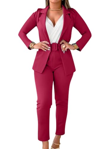 shownicer Hosenanzug Damen Elegant Business Anzug Set Hosenanzug Blazer Hose Einfarbig Revers Büro Zweiteiler Hosenanzug 2 Teilig Anzug Slimfit Festlich Damenanzug A Rot L von shownicer