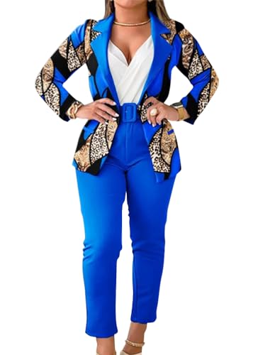 shownicer Hosenanzug Damen Elegant Business Anzug Set Hosenanzug Blazer Hose Einfarbig Revers Büro Zweiteiler Hosenanzug 2 Teilig Anzug Slimfit Festlich Damenanzug B Blau 3XL von shownicer