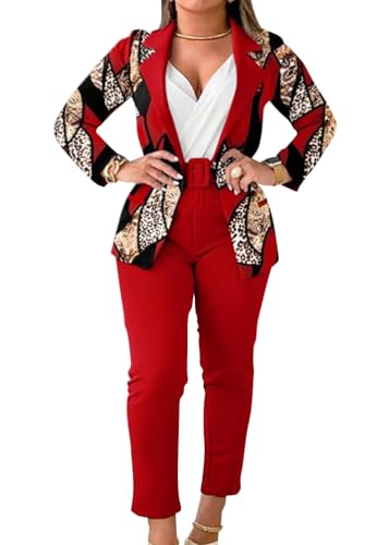 shownicer Hosenanzug Damen Elegant Business Anzug Set Hosenanzug Blazer Hose Einfarbig Revers Büro Zweiteiler Hosenanzug 2 Teilig Anzug Slimfit Festlich Damenanzug B Rot M von shownicer