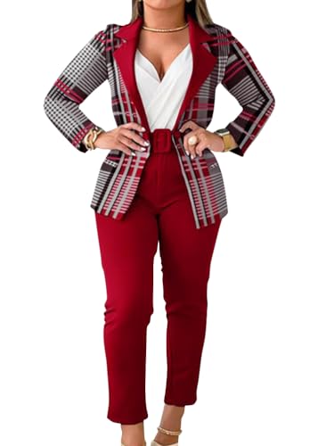 shownicer Hosenanzug Damen Elegant Business Anzug Set Hosenanzug Blazer Hose Einfarbig Revers Büro Zweiteiler Hosenanzug 2 Teilig Anzug Slimfit Festlich Damenanzug C Rot XL von shownicer