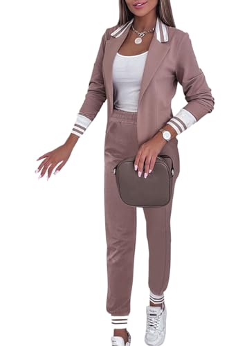 shownicer Hosenanzug Damen Elegant Business Anzug Set Hosenanzug Blazer Hose Einfarbig Revers Büro Zweiteiler Hosenanzug 2 Teilig Anzug Slimfit Festlich Damenanzug D Rosa L von shownicer