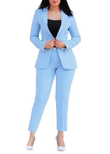 shownicer Hosenanzug Damen Elegant Business Anzug Set Hosenanzug Blazer Hose Einfarbig Revers Büro Zweiteiler Hosenanzug 2 Teilig Anzug Slimfit Festlich Damenanzug E Hellblau M von shownicer