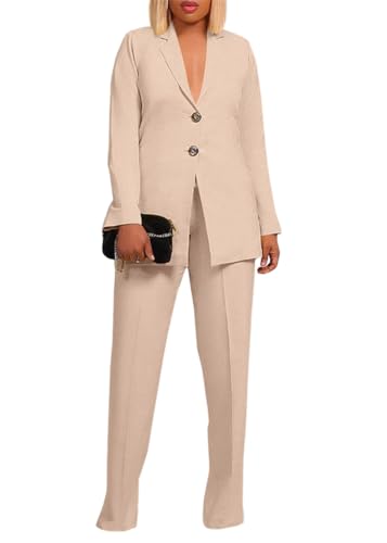 shownicer Hosenanzug Damen Elegant Business Anzug Set Hosenanzug Blazer Hose Einfarbig Revers Büro Zweiteiler Hosenanzug 2 Teilig Anzug Slimfit Festlich Damenanzug F Khaki L von shownicer