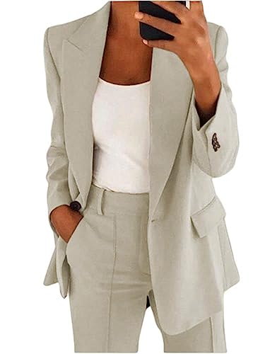 shownicer Hosenanzug Damen Elegant Business Anzug Set Revers Büro Blazer Hose 2-teilig Anzug Zweiteiler Slimfit Festlich Sportlich Streetwear A Beige XS von shownicer