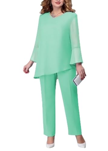 shownicer Hosenanzug Damen Festlich Elegant 2 Teiler Chiffon Shirt Und Hohe Taille Hosenanzug Große Größen Tüll Abendanzug Sets Zweiteiler Outfit Set Brautmutter Anzug B Hellgrün M von shownicer