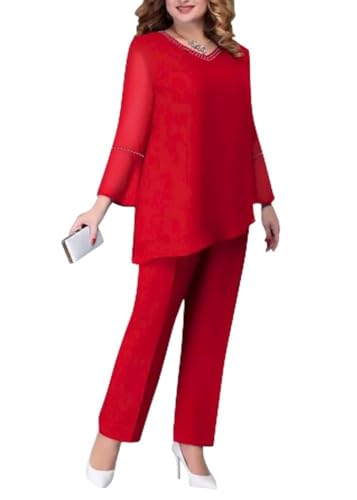 shownicer Hosenanzug Damen Festlich Elegant 2 Teiler Chiffon Shirt Und Hohe Taille Hosenanzug Große Größen Tüll Abendanzug Sets Zweiteiler Outfit Set Brautmutter Anzug B Rot M von shownicer