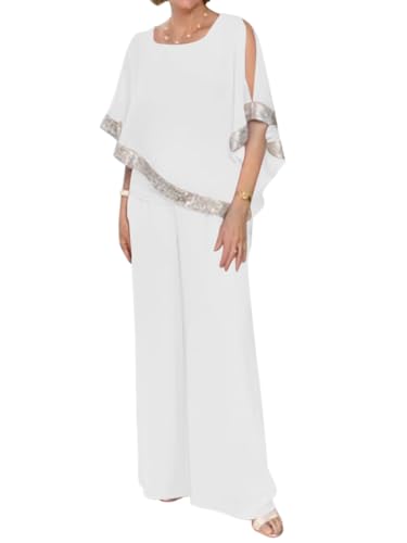 shownicer Hosenanzug Damen Festlich Elegant 2 Teiler Chiffon Shirt Und Hohe Taille Hosenanzug Große Größen Tüll Abendanzug Sets Zweiteiler Outfit Set Brautmutter Anzug E Weiß S von shownicer