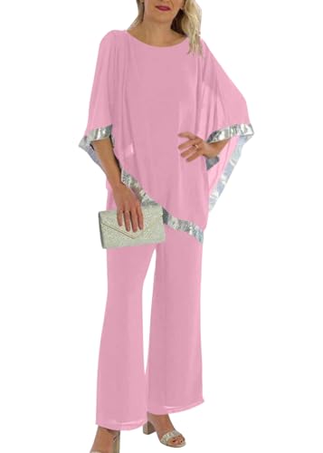 shownicer Hosenanzug Damen Festlich Elegant 2 Teiler Halbe Ärmel Top Und Hohe Taille Hosenanzüge Große Größen Tüll Abendanzug Sets Zweiteiler Outfit Set A Rosa L von shownicer