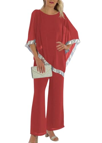 shownicer Hosenanzug Damen Festlich Elegant 2 Teiler Halbe Ärmel Top Und Hohe Taille Hosenanzüge Große Größen Tüll Abendanzug Sets Zweiteiler Outfit Set A Rot M von shownicer