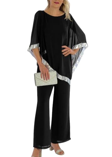 shownicer Hosenanzug Damen Festlich Elegant 2 Teiler Halbe Ärmel Top Und Hohe Taille Hosenanzüge Große Größen Tüll Abendanzug Sets Zweiteiler Outfit Set A Schwarz XL von shownicer