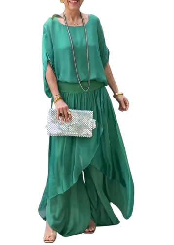 shownicer Hosenanzug Damen Festlich Elegant 2 Teiler Halbe Ärmel Top Und Hose Hosenanzüge Große Größen Tüll Abendanzug Sets Zweiteiler Outfit Set A Grün 3XL von shownicer