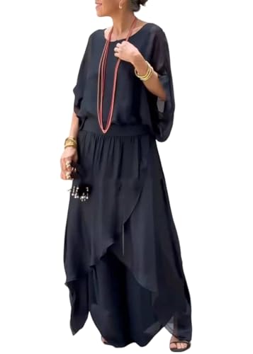 shownicer Hosenanzug Damen Festlich Elegant 2 Teiler Halbe Ärmel Top Und Hose Hosenanzüge Große Größen Tüll Abendanzug Sets Zweiteiler Outfit Set A Schwarz 3XL von shownicer