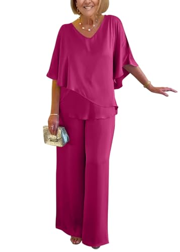 shownicer Hosenanzug Damen Festlich Elegant 2 Teiler Satin Shirt Und Hohe Taille Hosenanzug Große Größen Abendanzug Sets Zweiteiler Outfit Set Brautmutter Anzug D Rosa XXL von shownicer