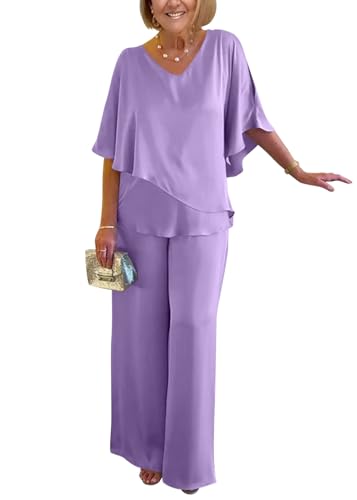 shownicer Hosenanzug Damen Festlich Elegant 2 Teiler Satin Shirt Und Hohe Taille Hosenanzug Große Größen Abendanzug Sets Zweiteiler Outfit Set Brautmutter Anzug D Violett XXL von shownicer