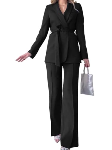 shownicer Hosenanzug Damen Festlich Elegant Anzug Set Langarm Anzugjacke mit Schnürung und Anzughosen Zweiteilig Büro Blazer Einfarbig Anzug Suit A Schwarz 3XL von shownicer