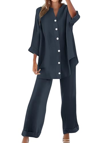 shownicer Hosenanzug Damen Leinen Festlich Elegant 2 Teiler Sommer Zweiteiler Musselin Shirt Und Hosen Hohe Taille Outfit Set Sportlich Streetwear Suit A Dunkelgrau L von shownicer