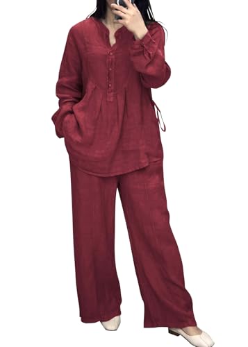 shownicer Hosenanzug Damen Leinen Zweiteiler Freizeitanzug Frauen 2 Teiler Anzug Weite Hose + Button Down Langarmshirt Elegant Set Casual Leinenanzug Loungewear Streatwear A Rot L von shownicer