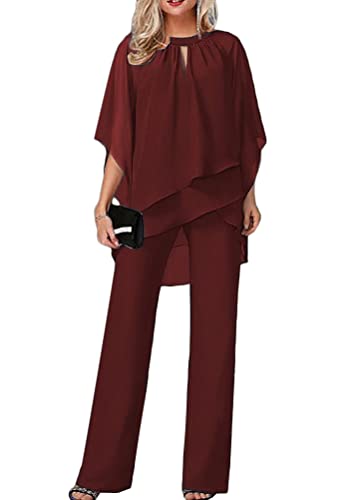 shownicer Hosenanzug Damen Tüll Abendanzug Sets Zweiteiler Chiffon Shirt Und Hohe Taille Hosenanzug Elegant Vintage 2-Teiliges Set Outfit Cocktail Party Festlich Hosenanzug A1 Rot L von shownicer