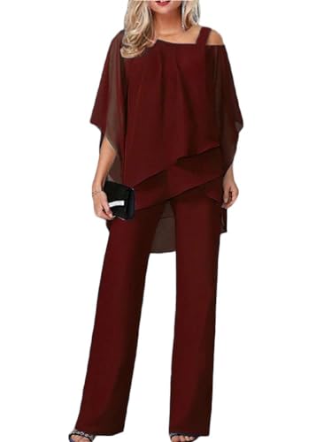 shownicer Hosenanzug Damen Tüll Abendanzug Sets Zweiteiler Chiffon Shirt Und Hohe Taille Hosenanzug Elegant Vintage 2-Teiliges Set Outfit Cocktail Party Festlich Hosenanzug B Rot XL von shownicer